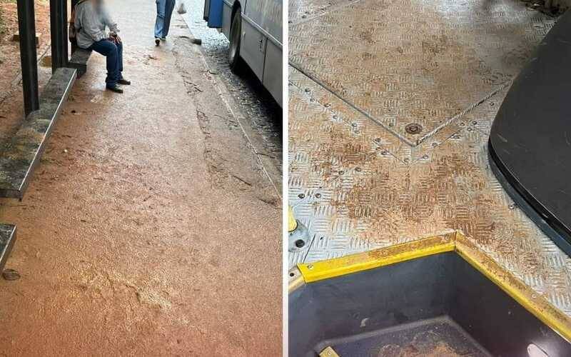 Excesso de lama: ônibus sujos e perigo de queda nas calçadas
