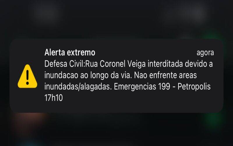 Defesa Civil emite alerta CellBroadcast para inundação na rua Coronel Veiga