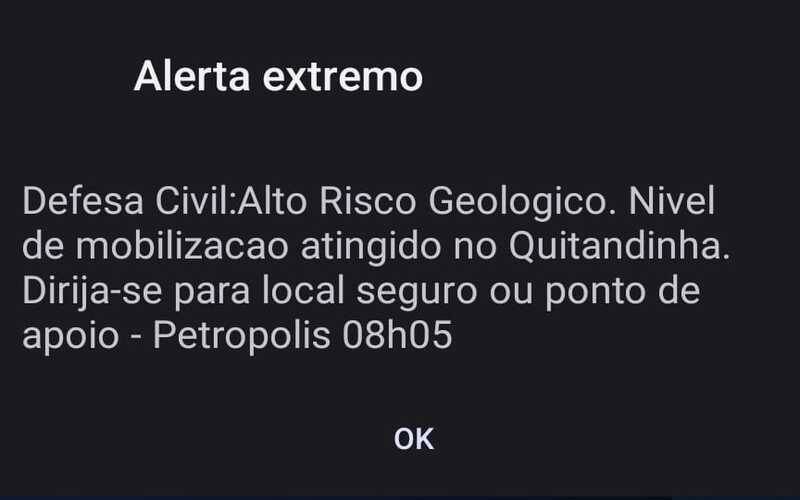 Defesa Civil emite alerta de alto risco geológico no Quitandinha