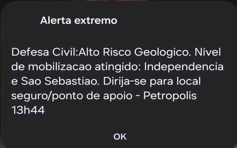 Defesa Civil emite alerta cellbroadcast extremo para o Independência e São Sebastião
