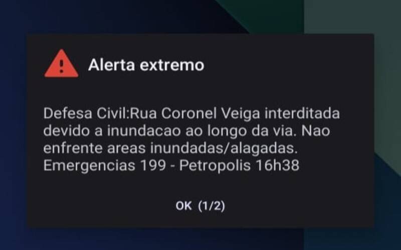 Defesa Civil emite alerta cellbroadcast severo para risco de inundação da Cel Veiga