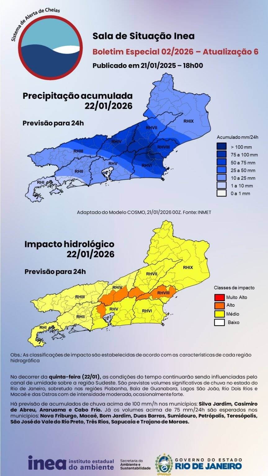 Volumes de chuva previstos pelo INEA para o RJ, para 22/1/2026 (Fonte: INEA)