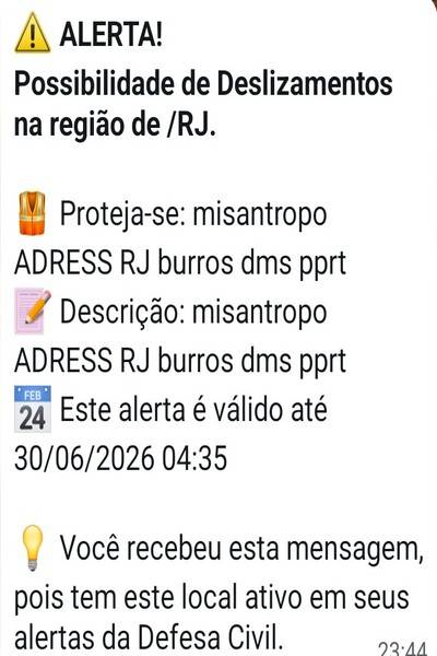 Alerta recebido nos celulares