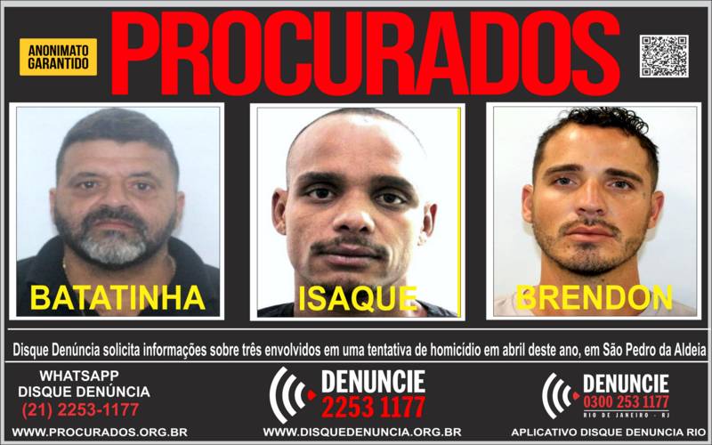 O Disque Denúncia pede informações sobre três foragidos acusados de tentativa de homic